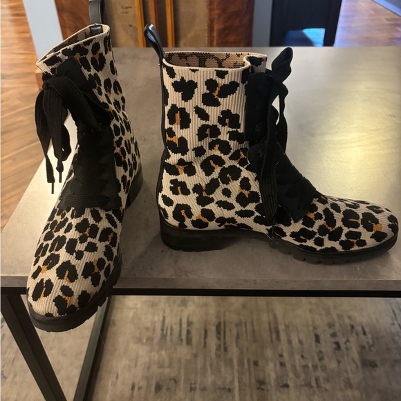 Kate Spade New York Merigue Knit Cheetah Stretch & Combat Lace-up Boots - Picture 2 of 3
